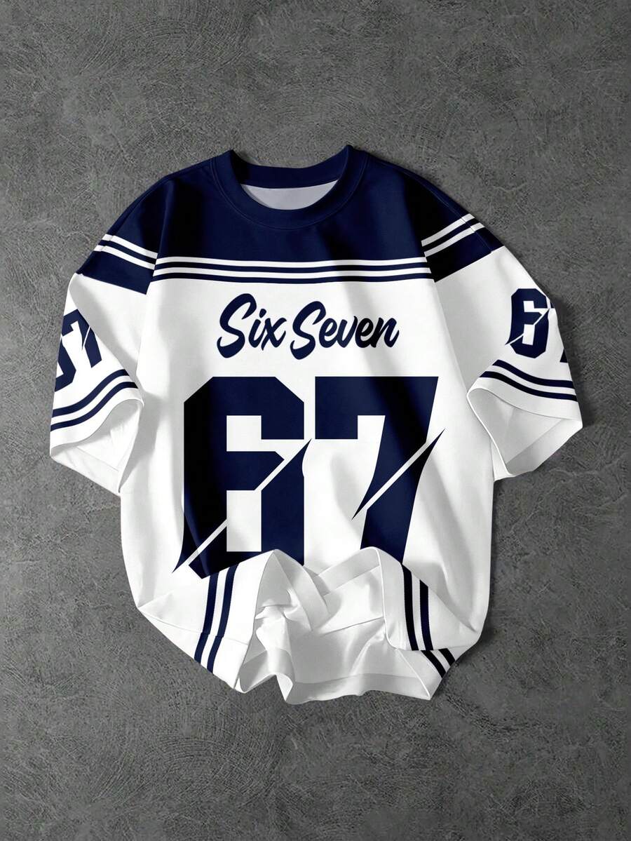 SHEIN EZwear 休闲简约圆领短袖宽松女式T恤，印有数字67图案 - 彩色 - 查看 1