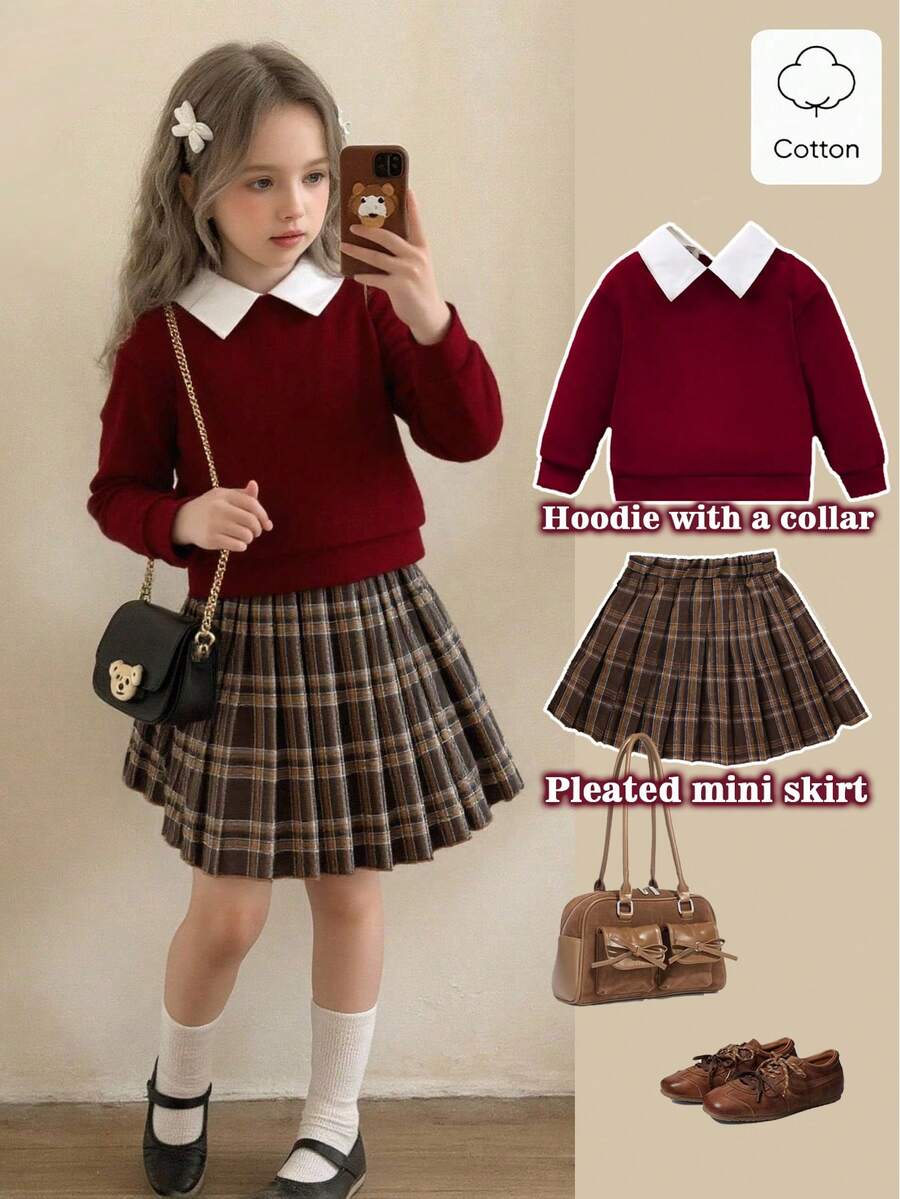 SHEIN Elladie kids 2件套女童休闲毛领卫衣和格子百褶裙套装，适合春秋季穿着 - 酒紅色 - 查看 1