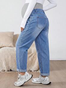SHEIN Maternity Cuffed Light Blue Casual Fall Autumn Winter Halloween Christmas New Year Thanksgiving Versatile Jeans With Belt Loops Maternity Jeans Y2k Cute Party Streetwear Techno Outfit Birthday Outfit Airport Outfit Mom Jeans Low Rise Women Baggy Jeans Thermal Lined Jeans - Medium Wash - View 2