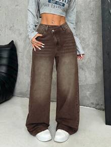 SHEIN PETITE Women's Thick Denim Wide Leg Pants, Loose Fit With Oblique Placket, Blue - Brown - View 5
