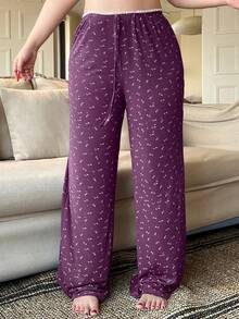 Dazy Plus Ditsy Floral Drawstring Waist Fitted Straight Leg Pajama Bottoms - Mauve Purple - View 4