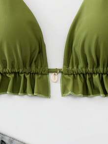 Swim Vcay Top de bikini femme à col ras-du-cou, avec volants, couleur unie et - Vert - Voir 6