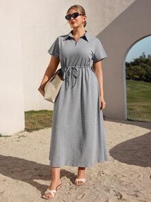 Juhart Đầm ngắn tay màu trơn cỡ lớn, kiểu dáng thường ngày, thích hợp đi làm. - Xám - Xem 3