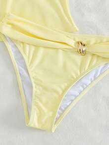 Bonvoyette Summer Vacation Cherry Print Spaghetti Strap Hollow Tie Waist Tankini Swimsuit 2 Pieces Set - Yellow - View 5