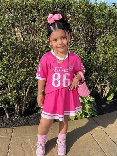 2pcs/Set Young Girls Numeric Jersey Print Knit Casual Outfit, Fashionable & Comfortable For Daily Wear