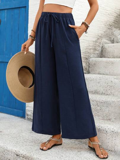 Breezaya 女士休闲纯色抽绳腰斜插口袋阔腿裤