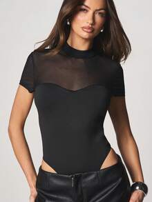 MISSGUIDED Slinky Cap Sleeve Mesh Panel Sweetheart Neckline Bodysuit With Sheer Details For Night - Black - View 1