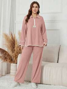 Modelyn Damen Schwarzer Stehkragen Halb-Reißverschluss Hoodie mit Buchstaben-Patch, lässiges Loose Fit 2-teiliges Set, geeignet für Herbst/Winter - Altrosa - Übersicht 4