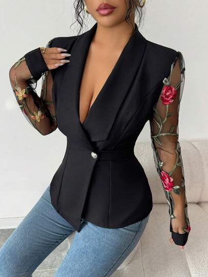 Elenzga Women's Black Solid Color Mesh Patchwork Rose Embroidered Fabric Open Front Blazer With Notched Collar, Elegant And Professional For Formal Occasions, Workplace, Teacher's Outfit, High-Vibe, Suitable For Valentine's Day, Easter, Labor Day, Travel, Spring/Summer New Arrival, Versatile Long Sleeve Regular Fit Jacket