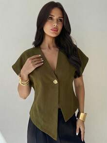 Firerie Blusa casual de manga murciélago asimétrica de unicolor mostaza, elegante, simple, estilosa y minimalista, versátil para el uso diario y el transporte, de alta gama, minimalista y desconstructiva, con cuello en V y un solo botonadura - Verde militar - Ver 5
