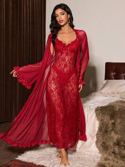 SHEIN Slumberist Women's Mature Sexy Lingerie Set, Super Long Mesh Robe And Lace Backless Slip Dress 2 Pieces Set Sexy 2piece Nightgown Lingerie Set With Robe Red Night Gown Long Lingerie Dress Spaghetti Strap Lace Night Gown