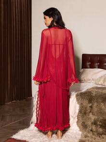 Slumberist Women's Mature Sexy Lingerie Set, Super Long Mesh Robe And Lace Backless Slip Dress 2 Pieces Set Sexy 2piece Nightgown Lingerie Set With Robe Red Night Gown Long Lingerie Dress Spaghetti Strap Lace Night Gown - Burgundy - View 2