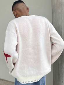 Ngobest Haus Ngobest Haus Distressed Hole Fringe Hem Casual Loose Unisex Knit Sweater With English Letter & Star Print, Round Neck, Drop Shoulder, Long Sleeve, Streetwear Style For Autumn/Winter - Apricot - View 2