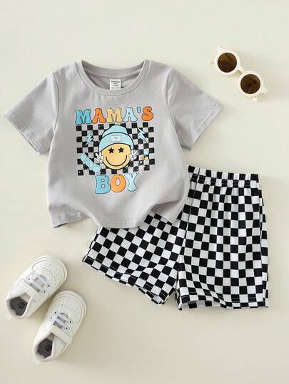 SHEIN 2pcs Baby Boy Casual Checkered Shorts & Loose Fit Face Checkered Pattern Gray Short Sleeve T-Shirt Set, Suitable For Spring And Summer Outings And Vacations