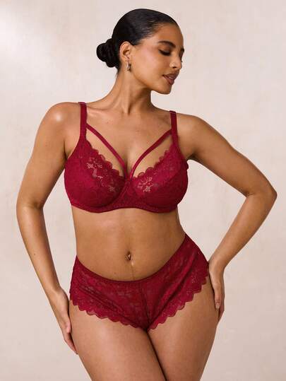 SHEIN BAE 2 件大码蕾丝拼布纯色透明钢圈文胸和内裤套装，红色内衣套装，酒红色内衣套装配套文胸和内裤套装，提升