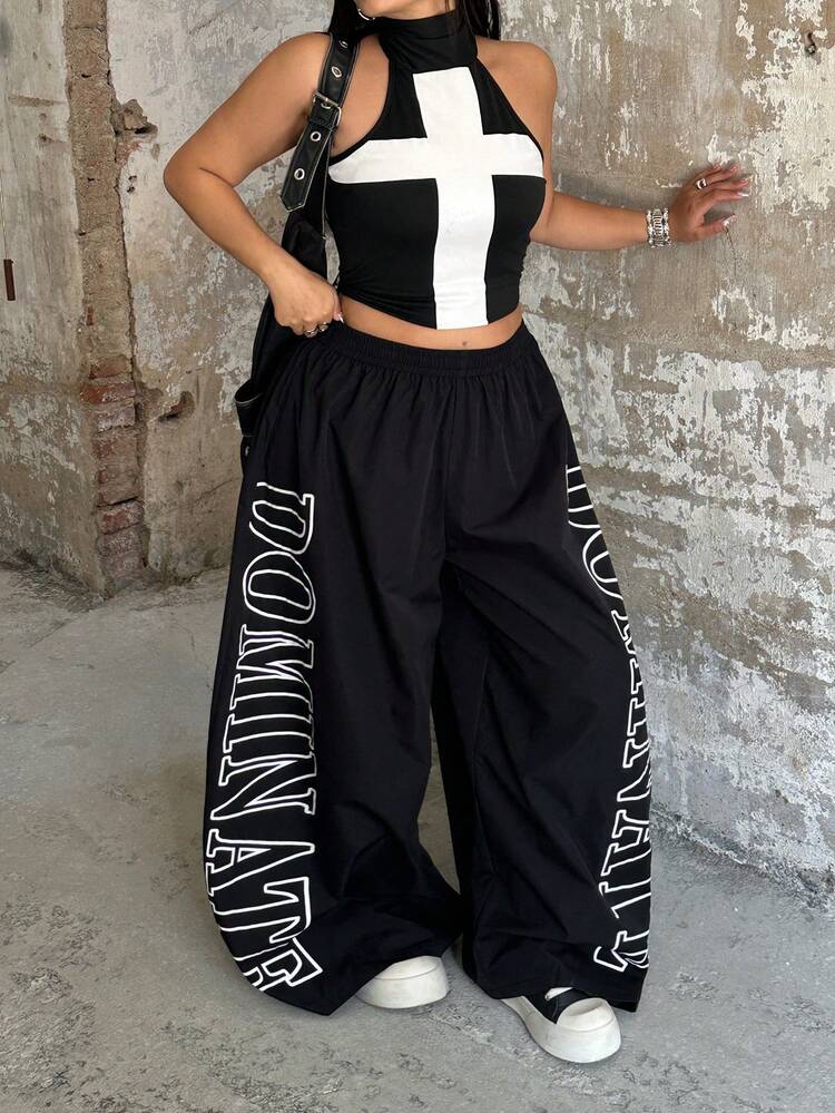 POPSWAY TreetHx Elastic Waist Pants Set, Letter Print, Women Street Style - Black - View 3
