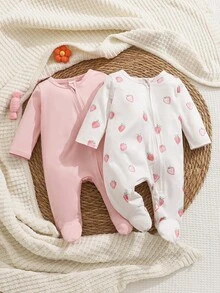 SHEIN Bộ 2 món/Bộ đồ liền thân dài tay in họa tiết dâu tây ấm áp cho trẻ sơ sinh/trẻ nhỏ, quần áo mềm mại và thoải mái, tuyệt vời để làm quà tặng, vật dụng thiết yếu cho mọi em bé, phù hợp với mọi mùa và mặc ngoài trời Thu Đông - Nhiều màu - Xem 3