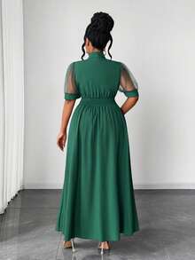 Women's Spring, Summer, And Autumn Net Puff-Sleeve Elegant Fitting Green Large A-Line Vacation Outfit Simple Commute Daily Wear Date Outfit Fashion Design Stylish New Essential Plus-Size Long Leisure Dress - Green - View 3