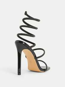 Glitzique Sandálias de Salto Alto Super Sexy de Moda Europeia e Americana para Mulheres, Sandálias com Decoração de Strass em Estilo Enrolado de Cobra, Sandálias de Salto Alto Super para Festa e Noite com Bico Aberto em Prata - Preto - Visão 6