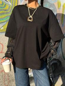 Muchica Women's New 2 In 1 Round Neck Loose Long Sleeve T-Shirt - Black - View 6