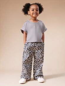 SUMWON Leopard Print Co-Ord Set With Crew Neck Short Sleeve T-Shirt And High Rise Wide Leg Pants Featuring Gold Varsity Text Back Print Casual Vacation - Grey - View 2