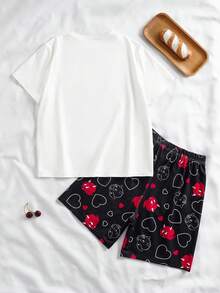 SHEIN HOT STUFF Tween Boy Comfortable Cartoon Print Crew Neck Short Sleeve T-Shirt And Shorts Pajama Set, Summer - Black and White - View 2