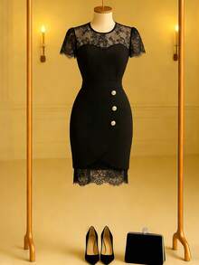 GlowEve Elegant Fitted Contrast Lace Sheer Sweetheart Neck Low-Cut Waist Sexy Bodycon Mini Dress For Women, Spring/Summer - Black - View 7