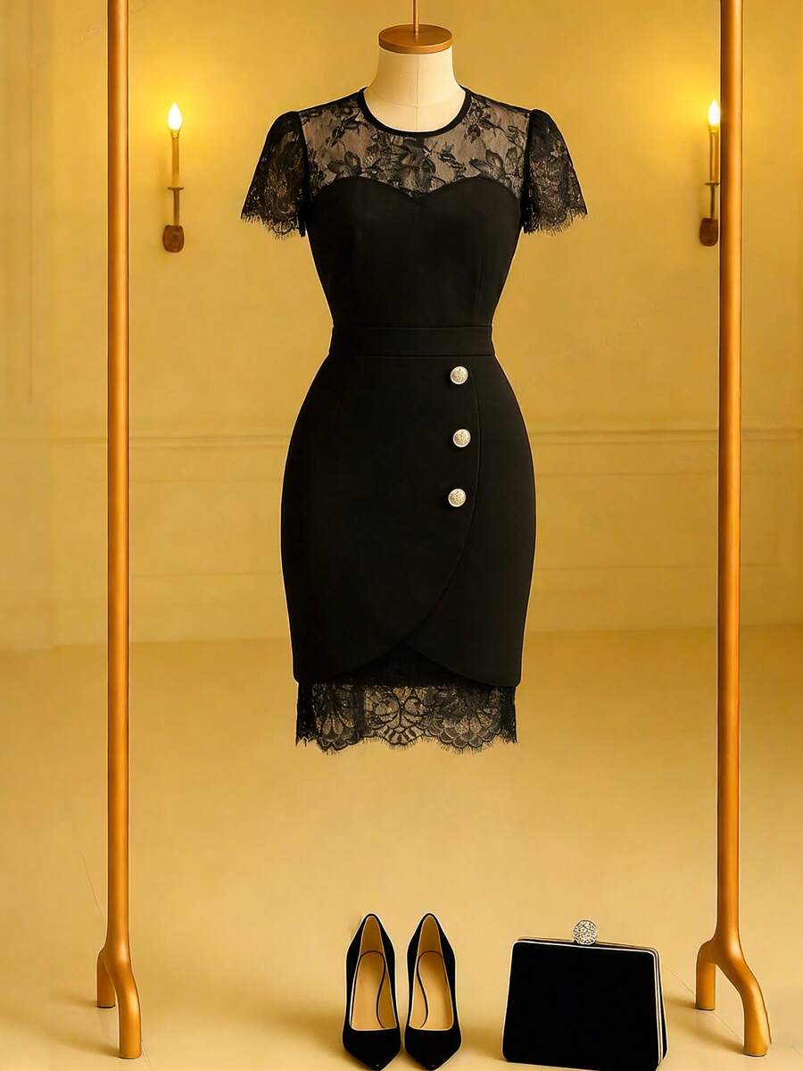 GlowEve Elegant Fitted Contrast Lace Sheer Sweetheart Neck Low-Cut Waist Sexy Bodycon Mini Dress For Women, Spring/Summer - Black - View 1