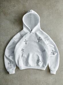 PAVTROS 男士街头风流行INS十字刺绣全印花连帽衫，户外音乐节、夜店礼物，送给男友/老公，周年纪念日礼物，白色 - 淺灰色 - 查看 1