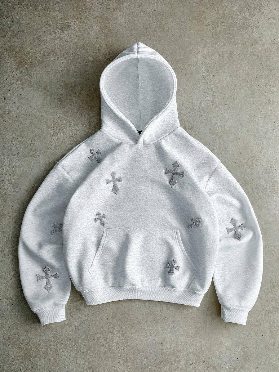 PAVTROS 男士街头风流行INS十字刺绣全印花连帽衫，户外音乐节、夜店礼物，送给男友/老公，周年纪念日礼物，白色 - 淺灰色 - 查看 1