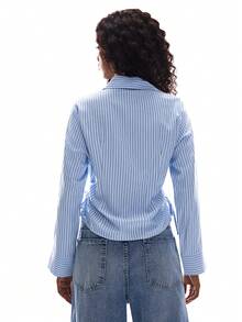 Ciel Poise Women's Blue And White Stripe Blouses,Autumn Chic City Break Slim Fit Waist Ruched Vertical Stripes Pointed Collar Curved Hem Urban Commute Blouse - Baby Blue - View 2