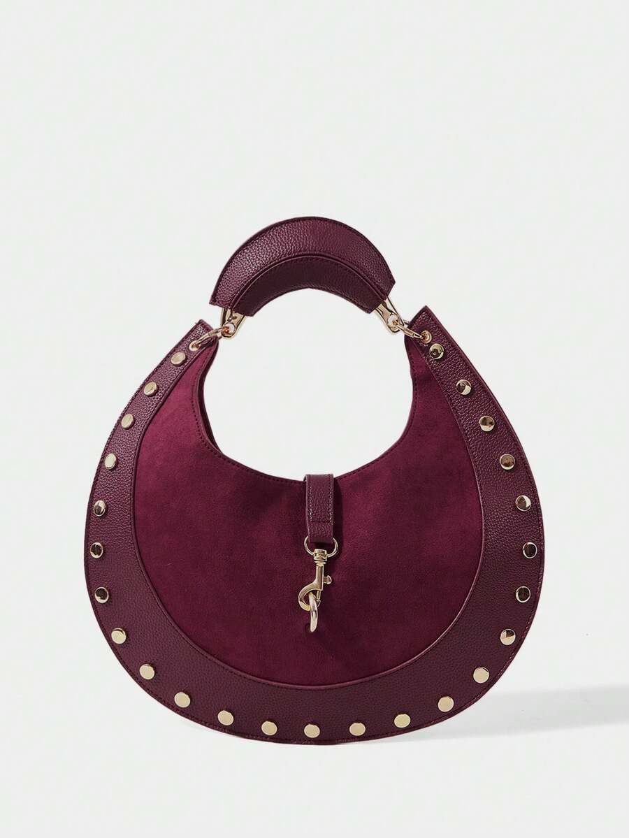 SHECARRY Ladies Vintage Semicircle Bag With Rivet Trim And Exquisite Hardware - Burgundy - View 1