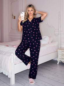 SHEIN Bubble Textured Pink Heart Women Pajama Set - Black - View 2