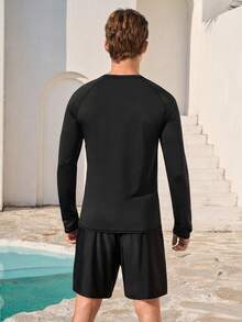 Manfinity Swimmode Men's Round Neck Zipper Half Placket Casual Vacation Beach Long Sleeve Rash Guard - Black - View 2