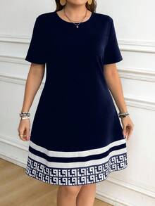 SHEIN LUNE 大码女式夏季休闲通勤度假撞色几何条纹印花短袖连衣裙 - 藏蓝色 - 查看 6