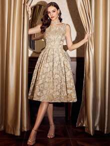 Vintamour Đầm Jacquard hoa văn cổ điển thanh lịch dành cho nữ, đầm dự tiệc lễ hội, đầm dài dự tiệc cho nữ, quần áo mùa thu cho nữ, quần áo mùa đông cho nữ, đầm Giáng sinh mùa đông cho nữ, quần áo mùa thu cho nữ, quần áo Halloween cho nữ, quần áo Giáng sinh cho nữ, đầm dự tiệc Giáng sinh, đầm năm mới, trang phục Lễ Tạ ơn cho nữ, đầm thanh lịch dự tiệc - Màu be - Xem 2