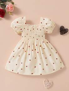 Souflis Souflis Baby Girl Heart Print Shirred Puff Sleeve Dress - Beige - View 2