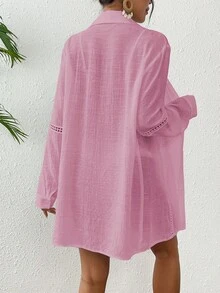 Swim Vcay Kimono de manga larga de unicolor, con bordado hueco, versátil y casual para cubrir - Rosa vieja - Ver 2