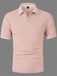 Calvornis 男士休閒短袖 Polo 衫，灰粉色拼接高爾夫 Polo 衫，適合夏季，老錢風百搭，適用於通勤、戶外活動、度假與儀式 - 粉色 - 查看 6
