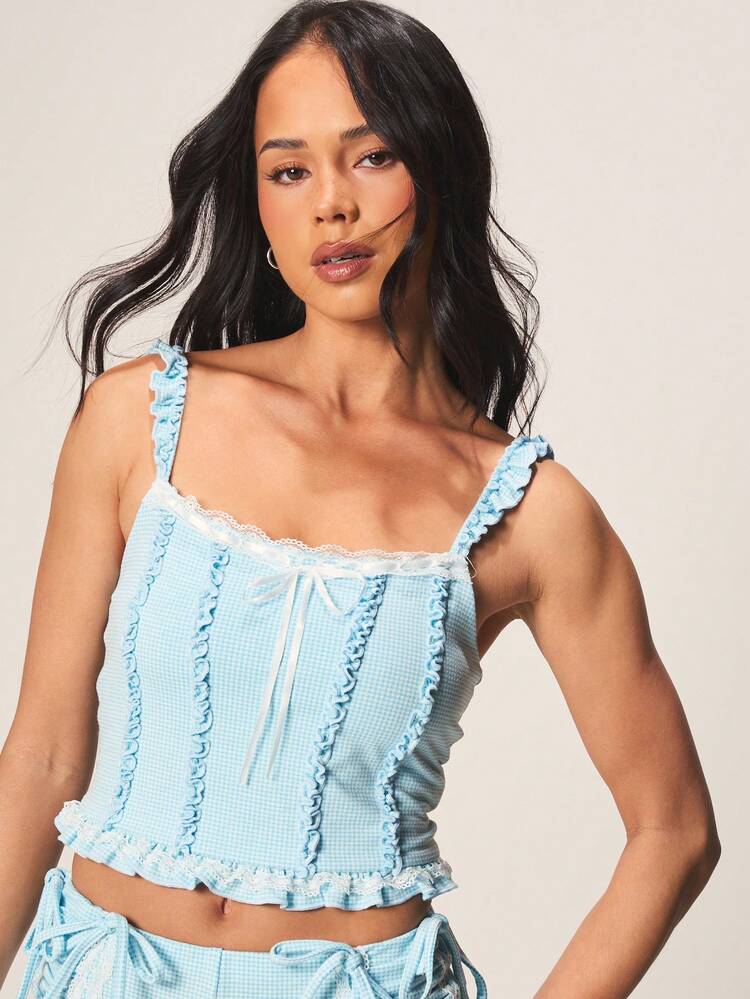 MISSGUIDED Ruffle Trim Gingham Corset Tank Top With Tie Front Detail Square Neckline Light Blue Camisole Summer Crop Top