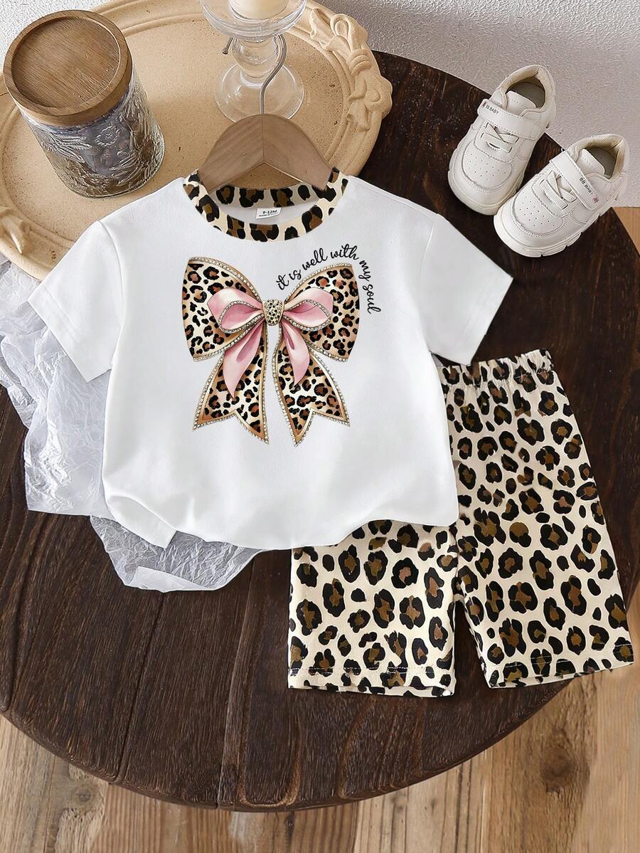 SHEIN Playful Pals 2pcs Baby Girls' Summer Set, White T-Shirt With Leopard Print Bow, Matching Neckline Print, Paired With Loose Leopard Print Shorts, Sweet & Cool Clash, Playful & Vibrant Style - Multicolor - View 1