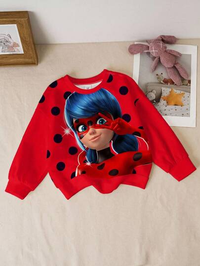 Miraculous Ladybug X SHEIN Sudadera oversize con estampado de figura de dibujos animados y lunares para niñas en primavera y otoño, sudadera con estampado de mariquita para niños, ropa de personajes para niños, sudaderas para niñas pequeñas en invierno