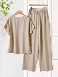 Rusticease 女士休闲纯色上衣和裤子两件套 - 卡其色 - 查看 2