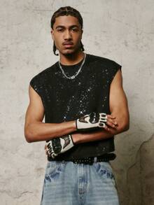 PAVTROS Men's Casual Shiny Round Neck Tank Top, Summer - Black - View 5