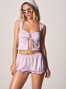 MISSGUIDED 薰衣草色格纹抹胸上衣，正面系带设计，心形领口，露脐款式，夏季休闲风 - 淡紫色 - 查看 1