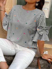 SHEIN LUNE Plus Size Women's Bowknot Blouse With Random Heart & Stripe Print - Multicolor - View 1