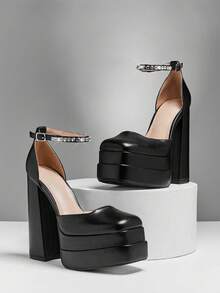 SHUZIA 女士魅力性感踝带双层厚底高跟鞋 - 黑色 - 查看 6