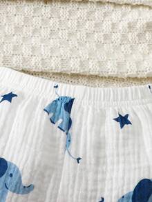 SHEIN 新生儿套装：100%纯棉卡通大象星星印花衬衫领短袖上衣+短裤两件套，轻薄柔软面料，适合0-1岁男宝宝，夏季款 - 藍白色 - 查看 7