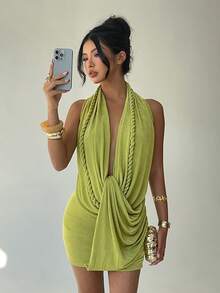 Aloruh Vestido sexy con espalda descubierta y drapeado trenzado, adecuado para vacaciones de primavera/verano - Verde - Ver 1