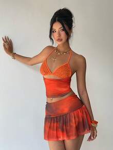 Aloruh Women's Bohemian Style Printed Top With Sequin Patchwork + Mini Skirt, Spring/Summer - Multicolor - View 7